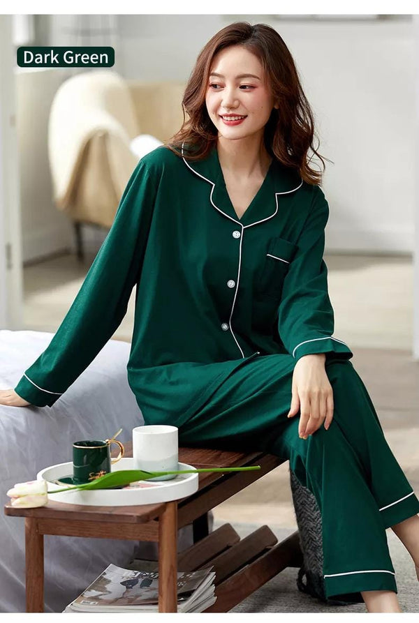 Green Silk Night Suit Turn Down Collar Long Sleeves